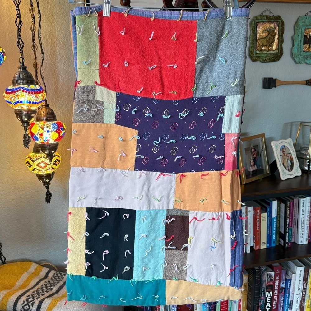 Vintage Handmade Scrap Patchwork Quilt – Mixed Cotton‎ & Wool – Tied Quilt